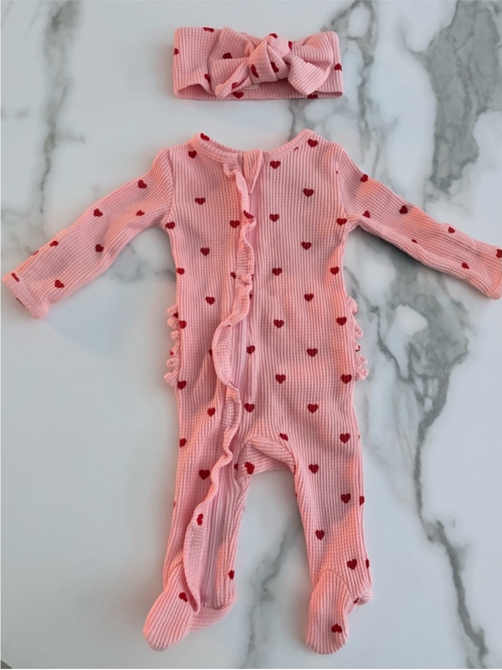 Spearmint Love waffle pint heart ruffle footie and headband newborn